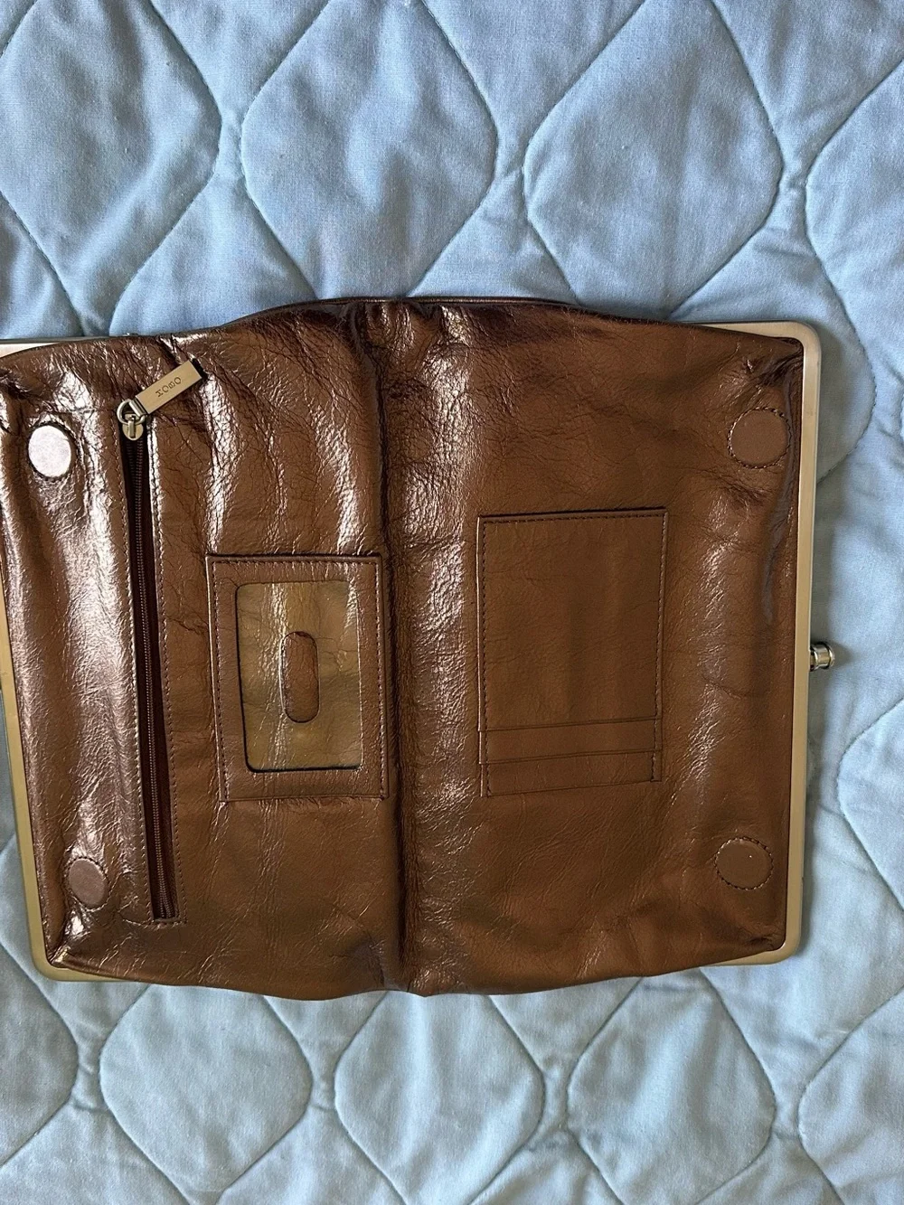 HOBO Brown Leather Frame Clutch with Gold Tone Hardware